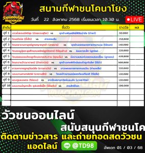 Read more about the article โปรแกรมวัวชน สนามกีฬาชนโคนาโยง 22 สิงหาคม 2569 รายการวัวชน