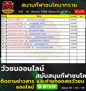 Read more about the article โปรแกรมวัวชน สนามกีฬาชนโคนาทราย 22 สิงหาคม 2569 รายการวัวชน