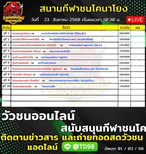 Read more about the article โปรแกรมวัวชน สนามกีฬาชนโคนาโยง 23 สิงหาคม 2569 รายการวัวชน