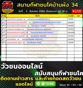 Read more about the article โปรแกรมวัวชน สนามกีฬาชนโคบ้านผัง 34 2 สิงหาคม 2569 รายการวัวชน