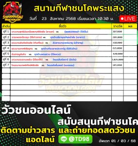 Read more about the article โปรแกรมวัวชน สนามกีฬาชนโคพระแสง 23 สิงหาคม 2569 รายการวัวชน