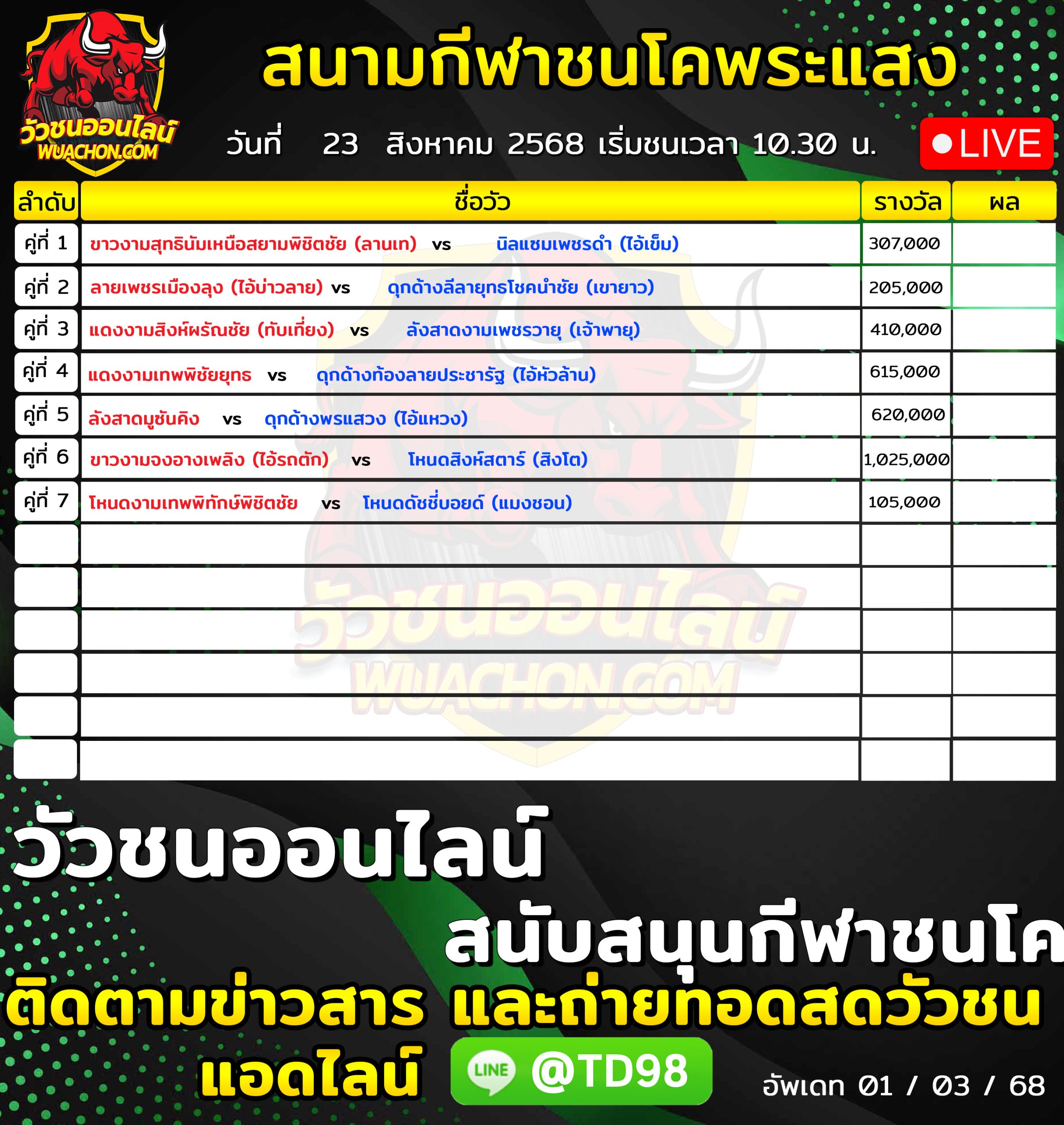 You are currently viewing โปรแกรมวัวชน สนามกีฬาชนโคพระแสง 23 สิงหาคม 2569 รายการวัวชน
