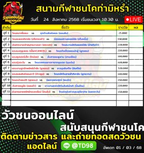 Read more about the article โปรแกรมวัวชน สนามกีฬาชนโคบ้านท่ามิหรำ 24 สิงหาคม 2569 รายการวัวชน