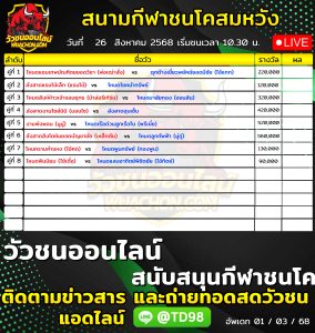 Read more about the article โปรแกรมวัวชน สนามกีฬาชนโคสมหวังสเตเดี้ยม 26 สิงหาคม 2569 รายการวัวชน