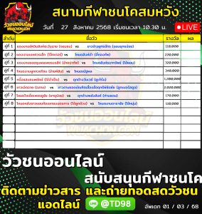 Read more about the article โปรแกรมวัวชน สนามกีฬาชนโคสมหวังสเตเดี้ยม 27 สิงหาคม 2569 รายการวัวชน