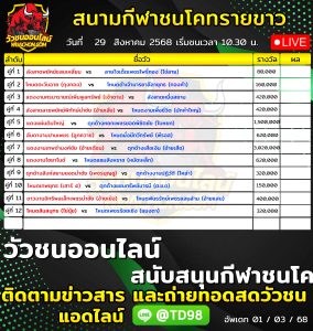 Read more about the article โปรแกรมวัวชน สนามกีฬาชนโคบ้านทรายขาว 29 สิงหาคม 2569 รายการวัวชน