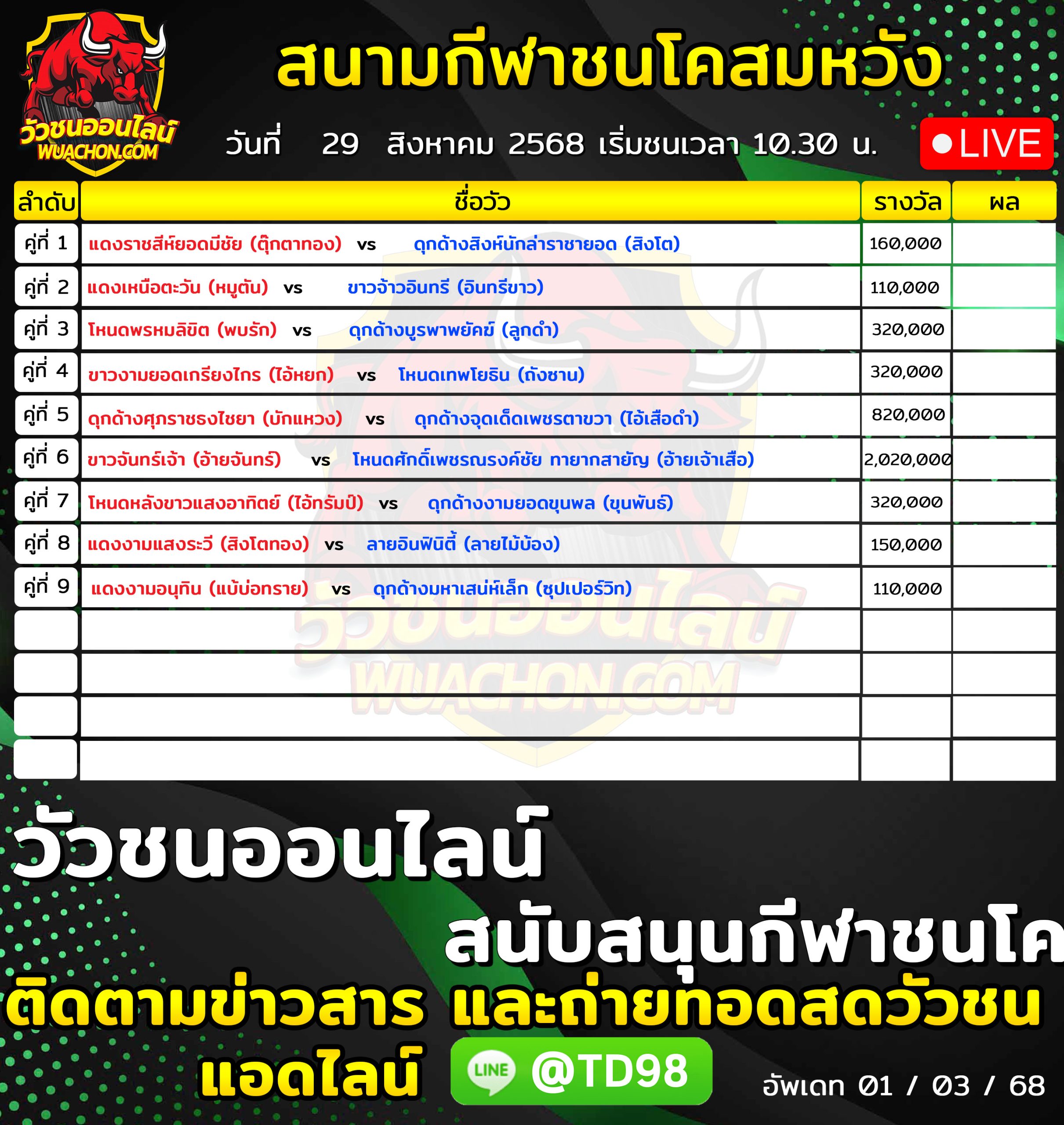 You are currently viewing โปรแกรมวัวชน สนามกีฬาชนโคสมหวังสเตเดี้ยม 29 สิงหาคม 2569 รายการวัวชน