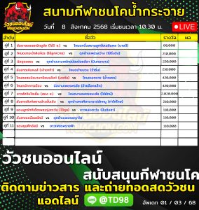 Read more about the article โปรแกรมวัวชน สนามกีฬาชนโคบ้านน้ำกระจาย 8 สิงหาคม 2569 รายการวัวชน