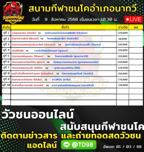 Read more about the article โปรแกรมวัวชน สนามกีฬาชนโคอำเภอนาทวี 9 สิงหาคม 2569 รายการวัวชน