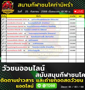 Read more about the article โปรแกรมวัวชน สนามกีฬาชนโคท่ามิหรำ 25 กันยายน 2569 รายการวัวชน