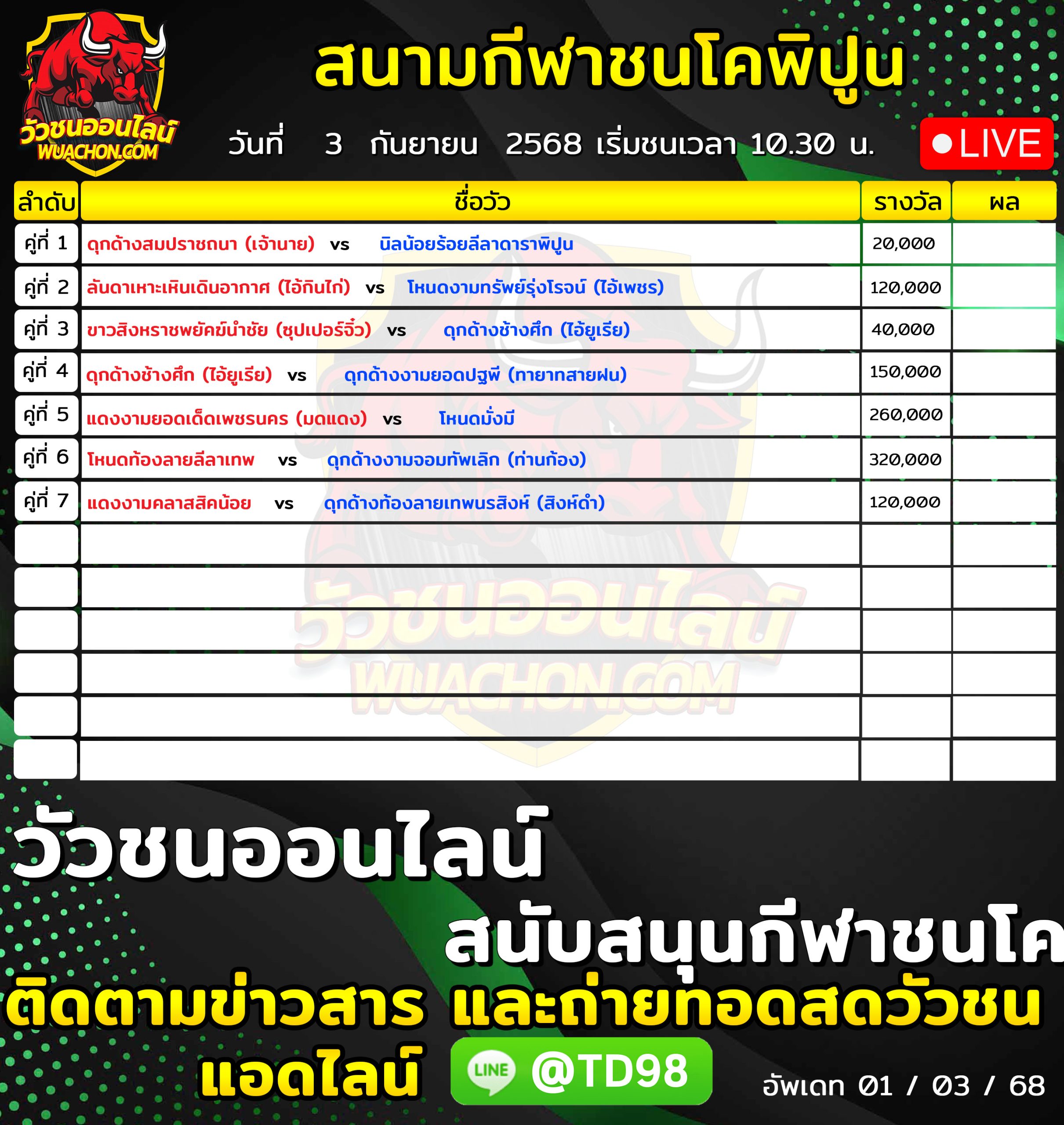 You are currently viewing โปรแกรมวัวชน สนามกีฬาชนโคพิปูน 3 กันยายน 2569 รายการวัวชน
