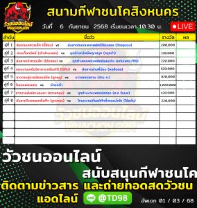 Read more about the article โปรแกรมวัวชน สนามกีฬาชนโคสิงหนคร 6 กันยายน 2569 รายการวัวชน