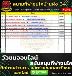 Read more about the article โปรแกรมวัวชน สนามกีฬาชนโคบ้านผัง34 10 ตุลาคม 2569 รายการวัวชน
