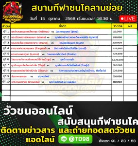 Read more about the article โปรแกรมวัวชน สนามกีฬาชนโคลานข่อย 15 ตุลาคม 2569 รายการวัวชน