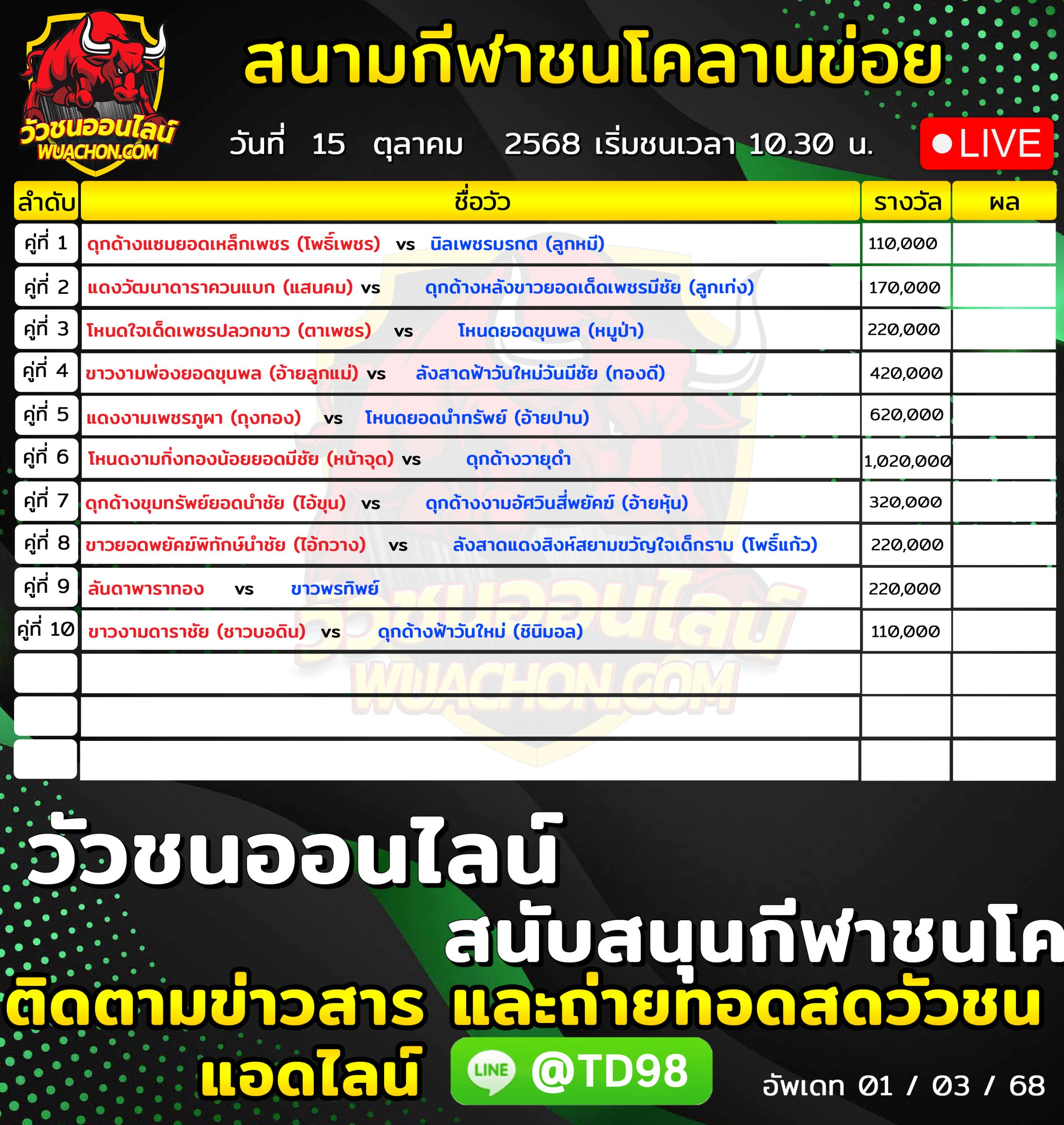 You are currently viewing โปรแกรมวัวชน สนามกีฬาชนโคลานข่อย 15 ตุลาคม 2569 รายการวัวชน