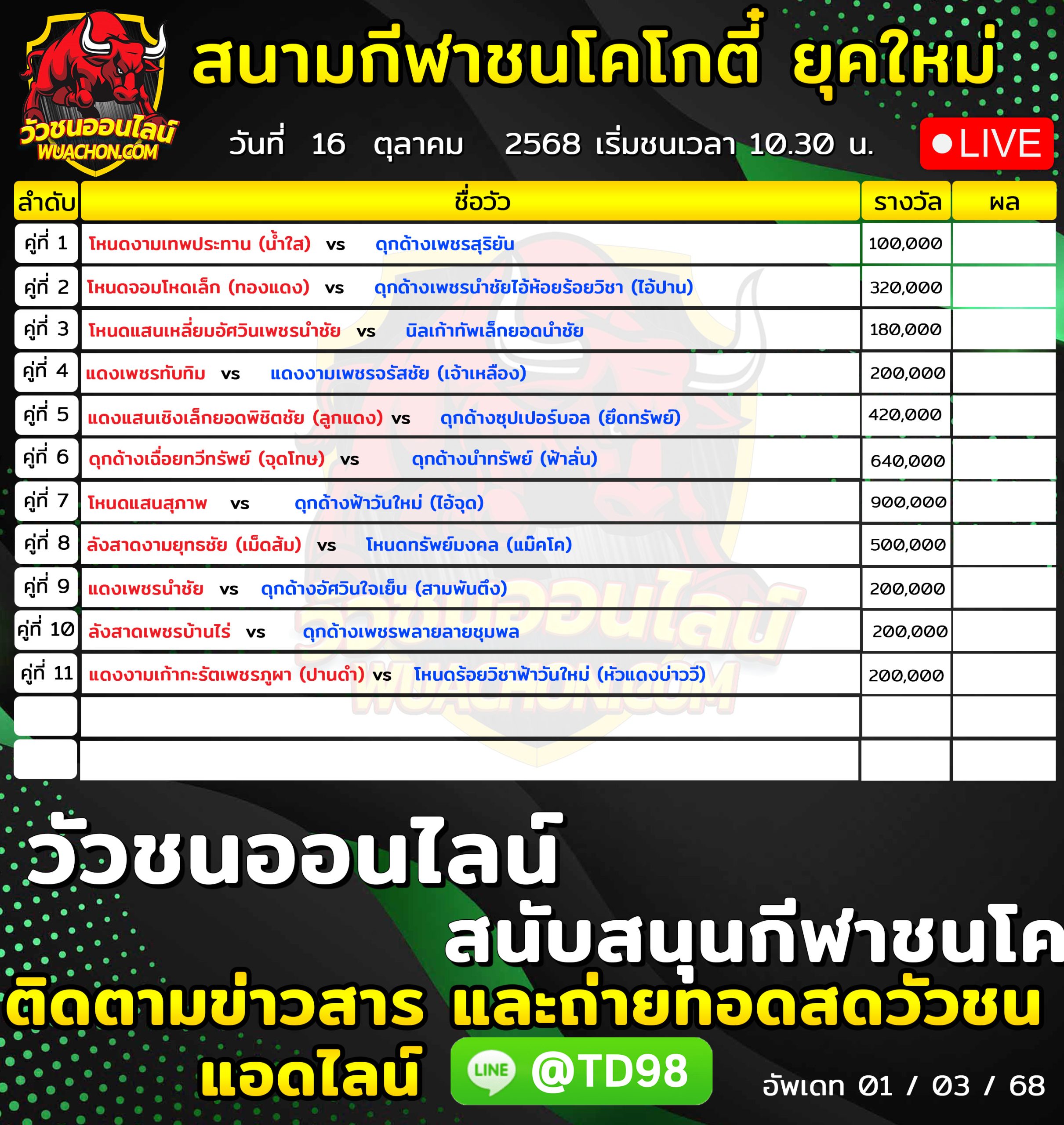 You are currently viewing โปรแกรมวัวชน สนามกีฬาชนโคโกตี๋ ยุคใหม่ 16 ตุลาคม 2569 รายการวัวชน