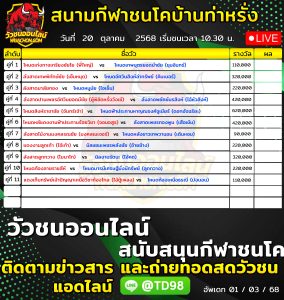 Read more about the article โปรแกรมวัวชน สนามกีฬาชนโคบ้านท่าหรั่ง 20 ตุลาคม 2569 รายการวัวชน