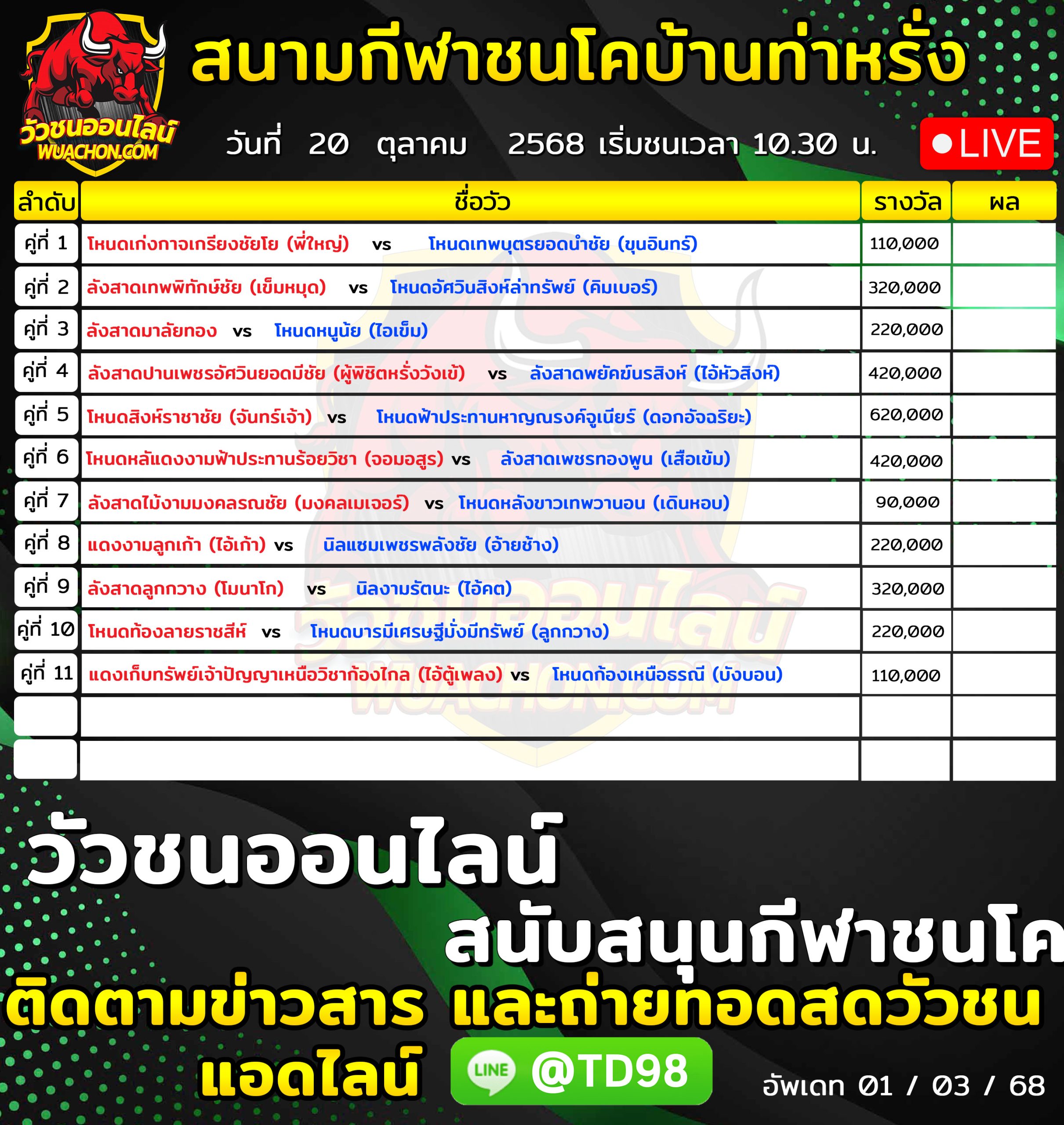 You are currently viewing โปรแกรมวัวชน สนามกีฬาชนโคบ้านท่าหรั่ง 20 ตุลาคม 2569 รายการวัวชน