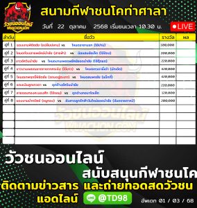 Read more about the article โปรแกรมวัวชน สนามกีฬาชนโคท่าศาลา 22 ตุลาคม 2569 รายการวัวชน