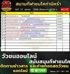 Read more about the article โปรแกรมวัวชน สนามกีฬาชนโคท่ามิหรำ 27 ตุลาคม 2569 รายการวัวชน
