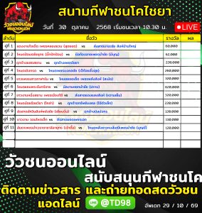 Read more about the article โปรแกรมวัวชน สนามกีฬาชนโคไชยาสเตเดี้ยม 30 ตุลาคม 2569 รายการวัวชน