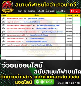 Read more about the article โปรแกรมวัวชน สนามกีฬาชนโคอำเภอนาทวี 6 ตุลาคม 2569 รายการวัวชน