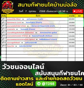 Read more about the article โปรแกรมวัวชน สนามกีฬาชนโคบ้านบ่อล้อ 7 ตุลาคม 2569 รายการวัวชน