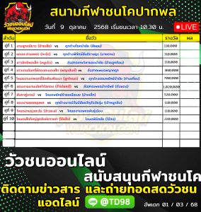 Read more about the article โปรแกรมวัวชน สนามกีฬาชนโคบ้านปากพล 9 ตุลาคม 2569 รายการวัวชน